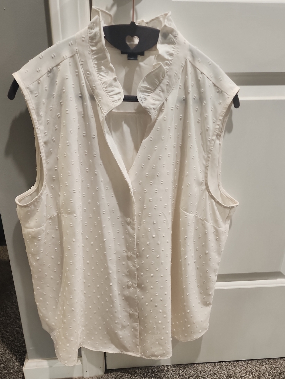 Ann Taylor Cream Sleeveless Ruffle Collar Swiss Dot Blouse